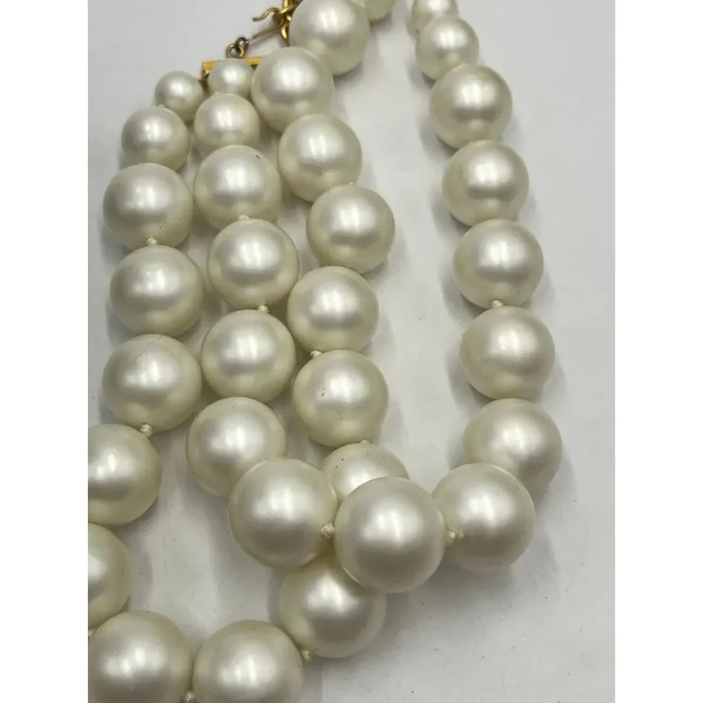 Vintage Large Double Strand Ivory Faux Acrylic Pearl Gold Tone Hook Necklace 20m